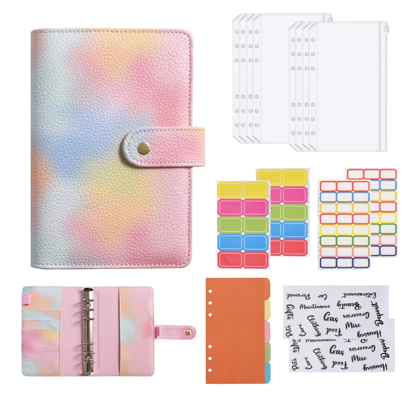 

A6 Tie Dye Color Change Color Loose-Leaf Notebook With 8pcs Zip Pocket, Binder Budget Planner Organizer