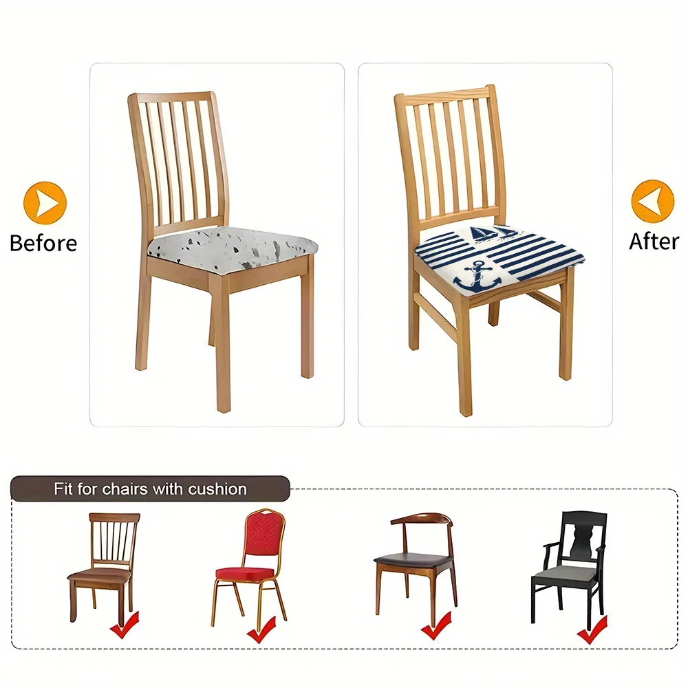 2/4/6pcs Chair Seat Slipcover,Nautical Navy Blue Anchor Sailboat Print Chair Slipcover for Home Decor