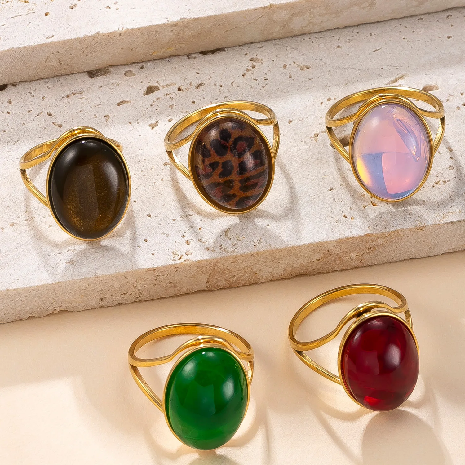 2025 Women's Titanium Steel Oval Natural Stone Rings, Luxurious Palace-Style Oil-Pressed Stainless Ring for Daily & Party Wear