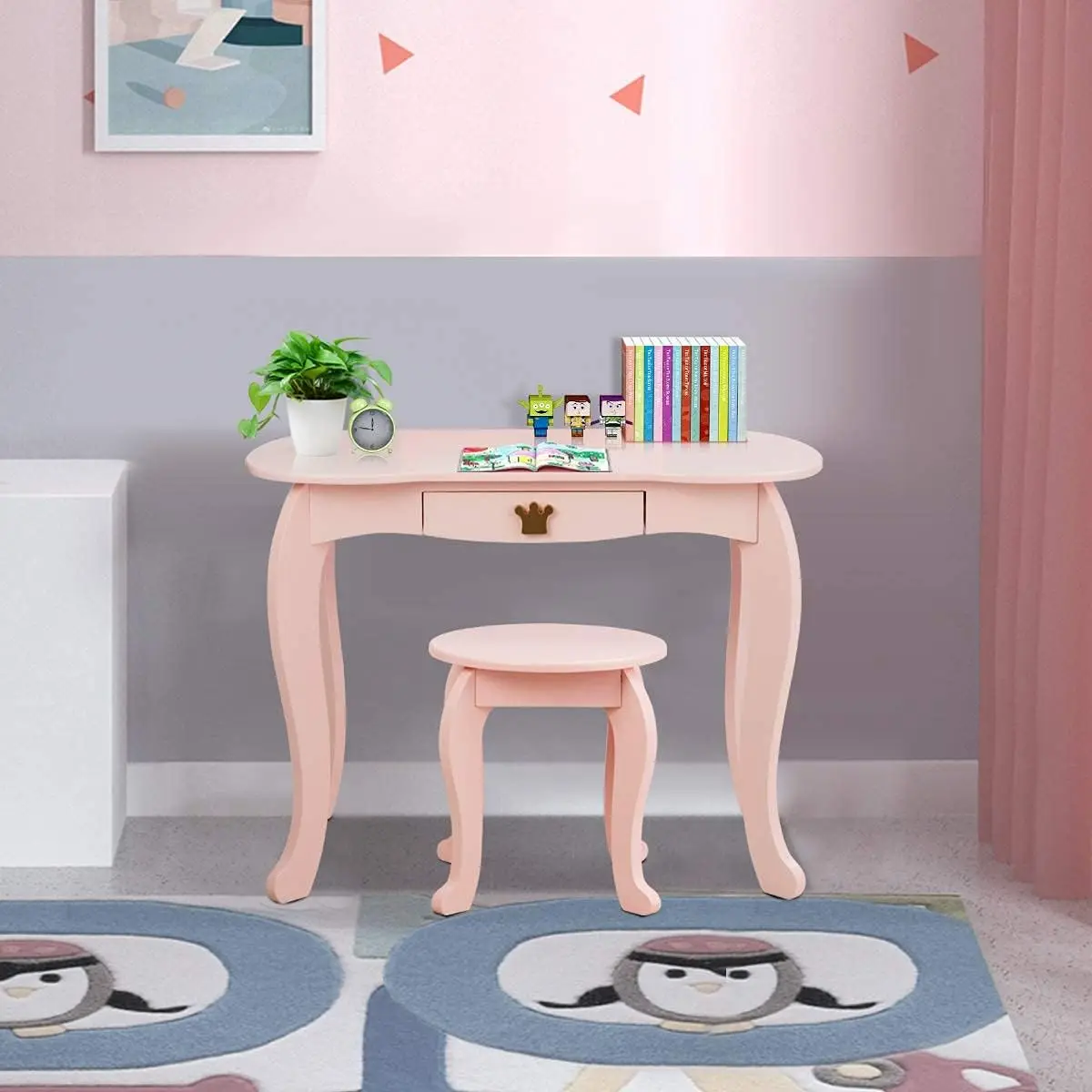 2-in-1 Kids Dressing Table & Stool Set, Toddler Wooden Vanity Table with Tri-Fold Mirror & Drawer, Detachable Large Top, Princes