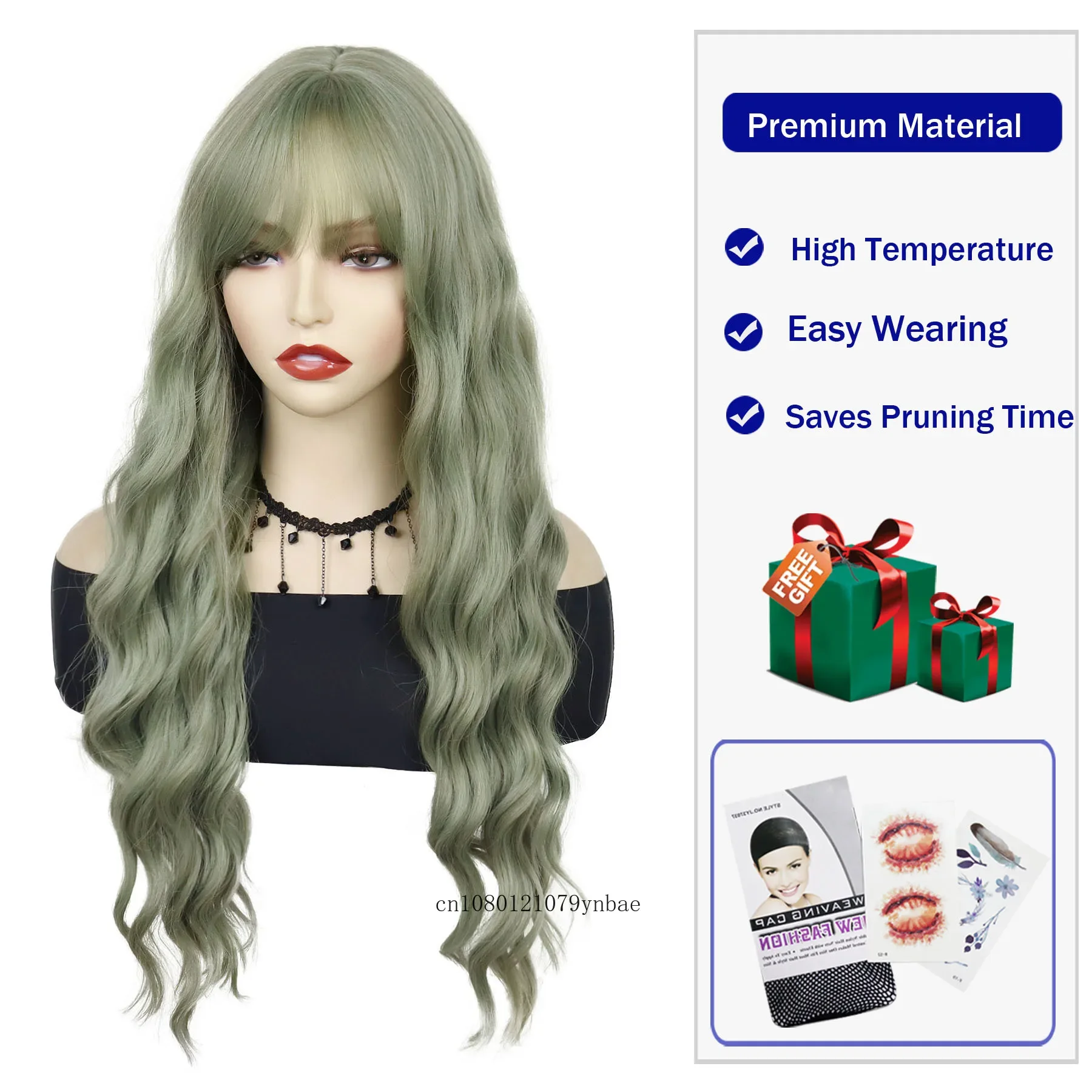 Halloween Cosplay Synthetic Long Water Wavy Wig with Bangs for Women Ladies Anime Cyan Blue Wigs Costume Party Christmas Use