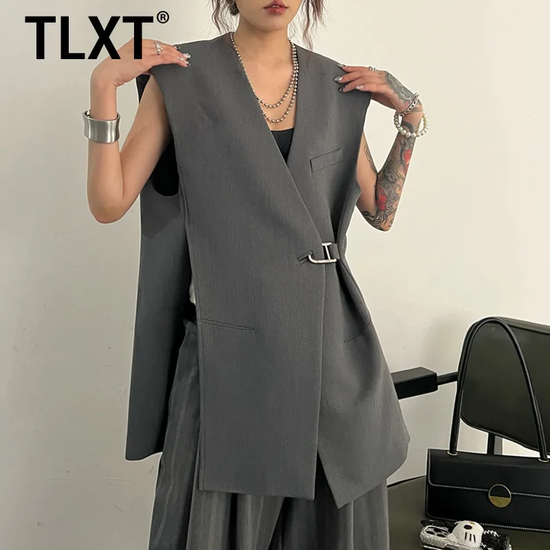 

TLXT свободный силуэт без рукавов пиджак без воротника жилет камзол для женщин 2024 весна осень новая модная женская одежда XK1066