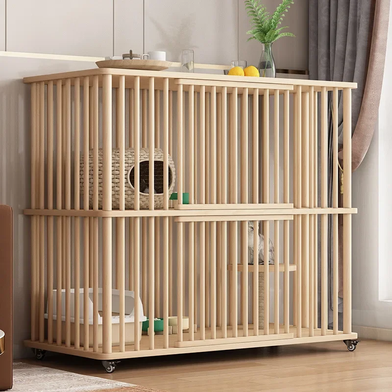 Double-layer solid wood  cage Super large space indoor cat villa movable  cabinet   house breeding