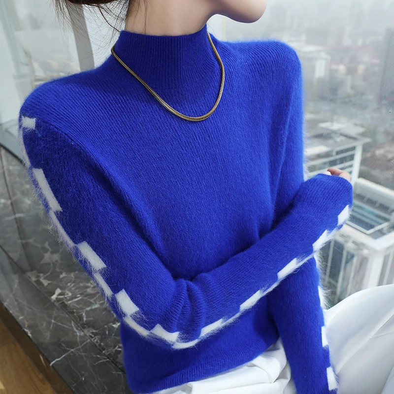 100% Mink Cashmere Sweater Wwomen's Half High Neck Knitted Pullover Slim Fit Striped Base Shirt Tops Autumn Winter Warm Clothing