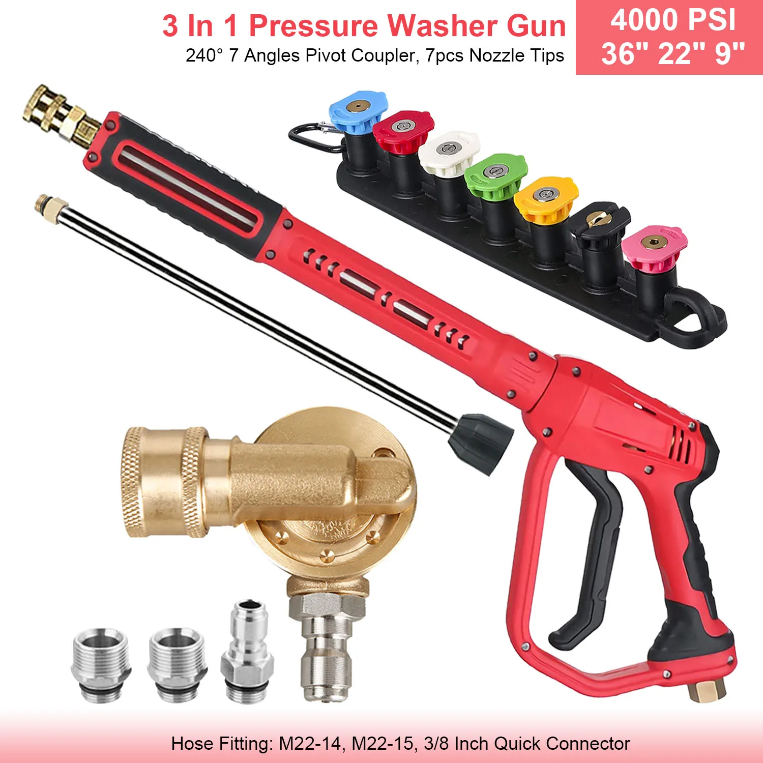 36 "In 4000 PSI Hogedrukreiniger Pistool Verlengstuk Nozzles Schuimlans 3 in 1 M22 14 15 mm 3/8 In Snelkoppeling Autoreiniger Kit - afbeelding 1