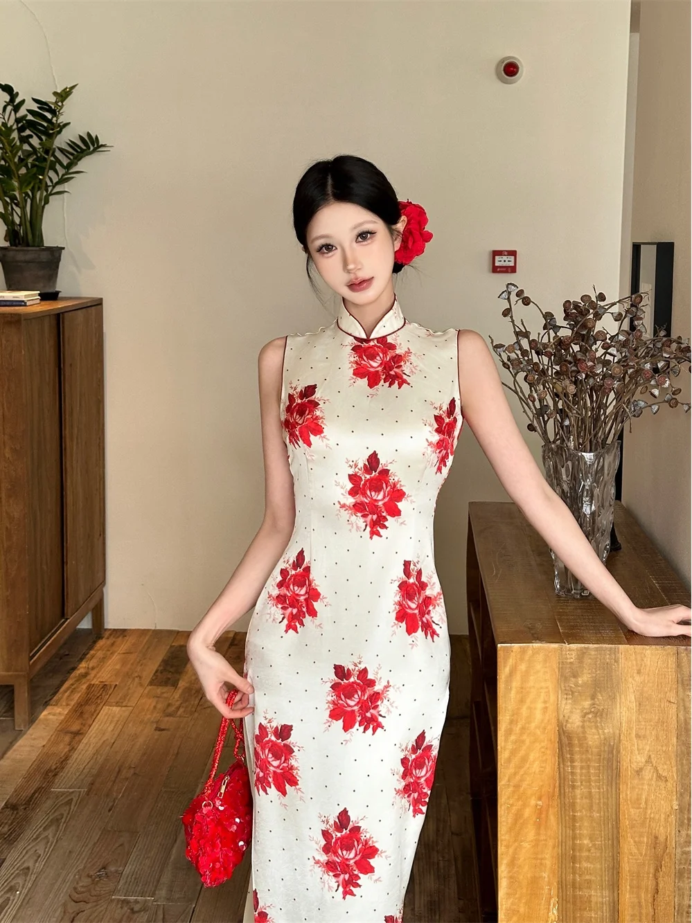 

Mipao Original Design Long Printed Qipao Dress in Wine Red with Rose Polka Dots Elegant Chinese Style Modified Version