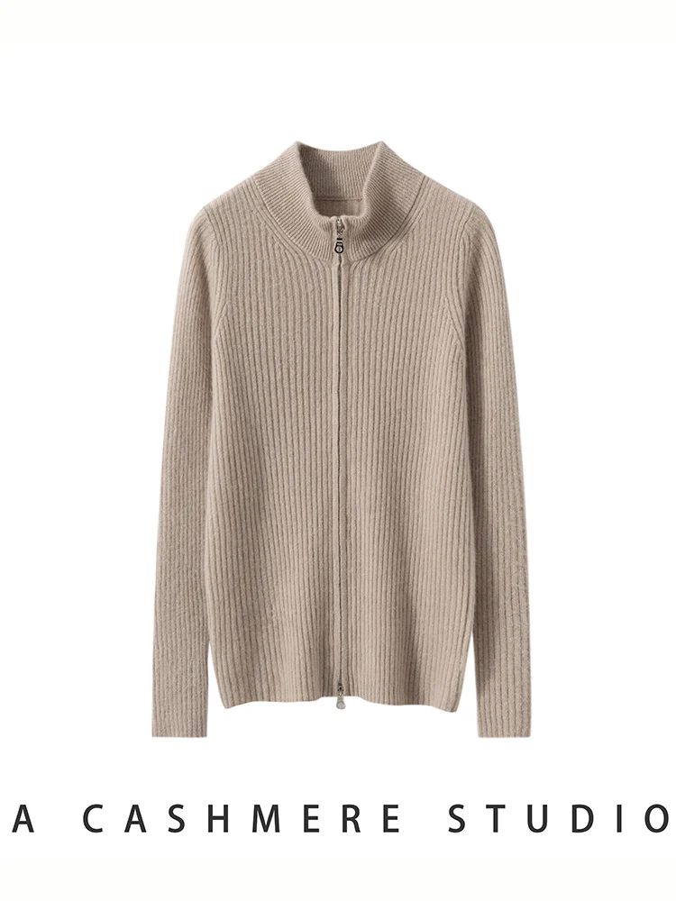 Addonee feminino 100% camisola de caxemira mock neck fino zíper cardigan casaco outono inverno grosso quente estilo simples casaco de caxemira