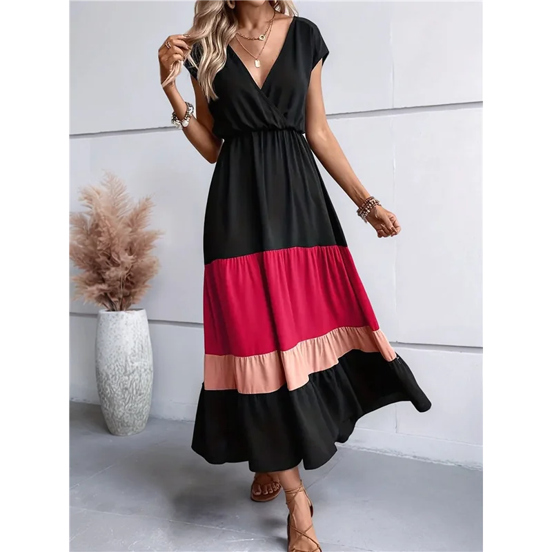 【SEE】Damen-Party-Farbblock-Kleid, hohe Taille, kurze Ärmel, Maxi-Kleid mit V-Ausschnitt, lässiges Kleid mit gerafftem Rüschensaum