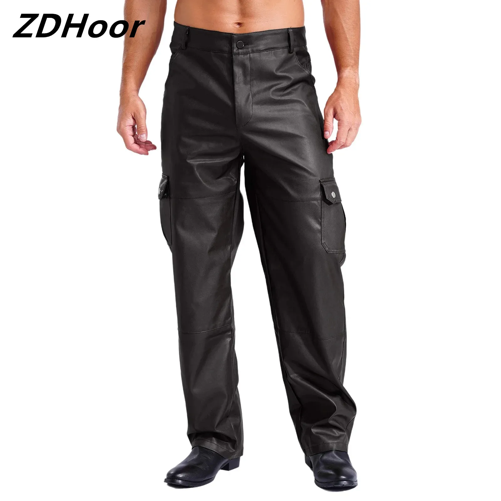 Mens PU Leather Pants Stylish Multiple Pockets Smooth Lining Trousers Motorcycle Over Pants for Daily Wear Music Party