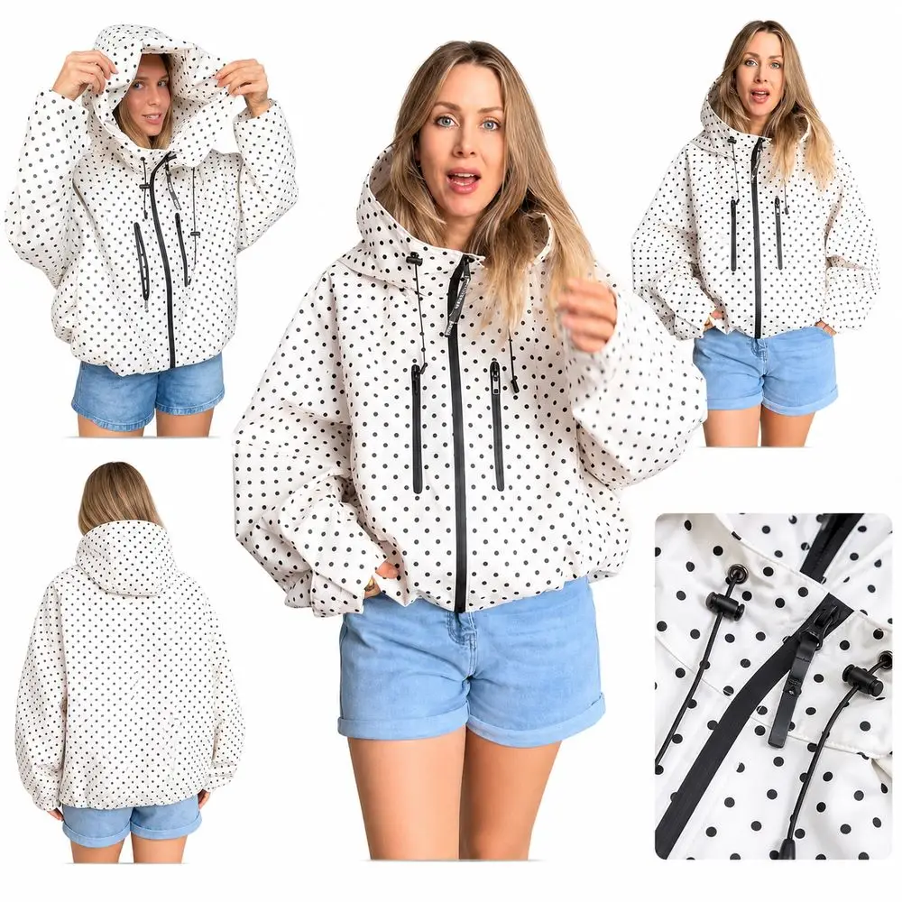 Polka Dot Hooded Windbreaker Jacket Wind Resistant Full Zip Closure Lightweight Raincoat Water Resistant Loose Fit
