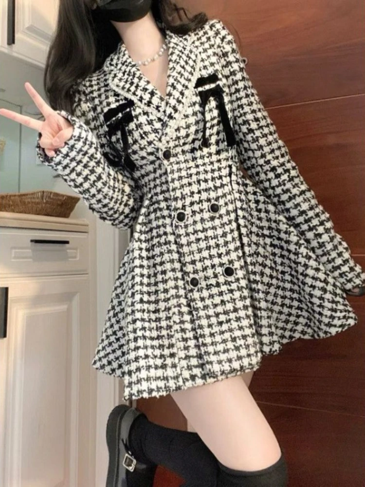 Vintage Houndstooth Blazer Dresses Y2k Slim Waist Long Sleeve Vestidos De Mujer 2024 Early Autumn New Dress for Women