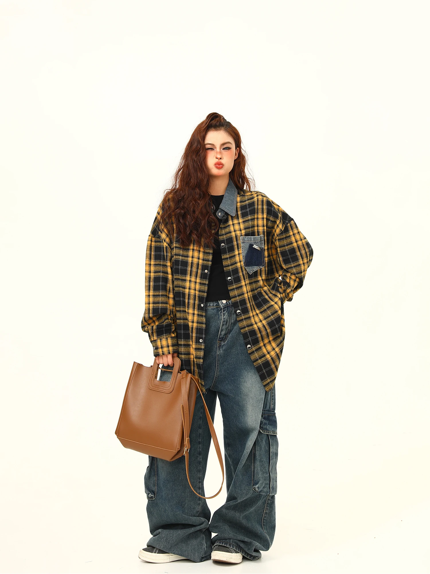 Original Designer American Street Style Plaid Shirt for Women 2024 Autumn New Vintage Loose Long Sleeve Yellow Plaid Shirt