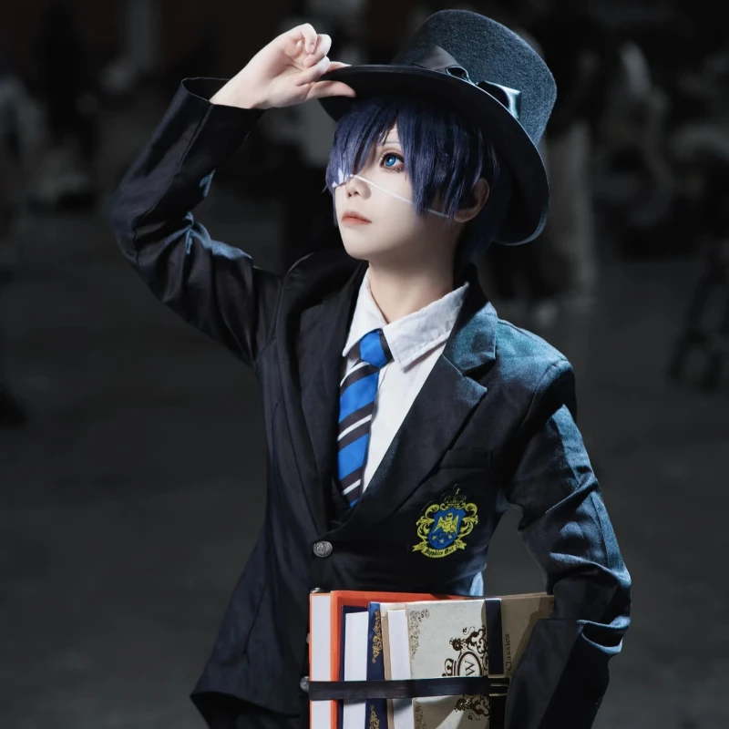 أنيمي الأسود بتلر Ciel Phantomhive تأثيري حلي شعر مستعار زي مدرسي أسود طويل دعوى هالوين موافرات الحفلات دور الزي