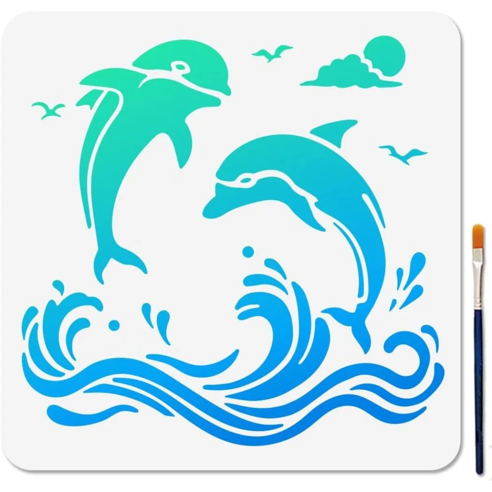 Two Dolphins Wave Stencil Sea Seagulls Stencils 11.8×11.8inch Reusable Marine Animal Craft Stencils with Paint Brush Dolphin