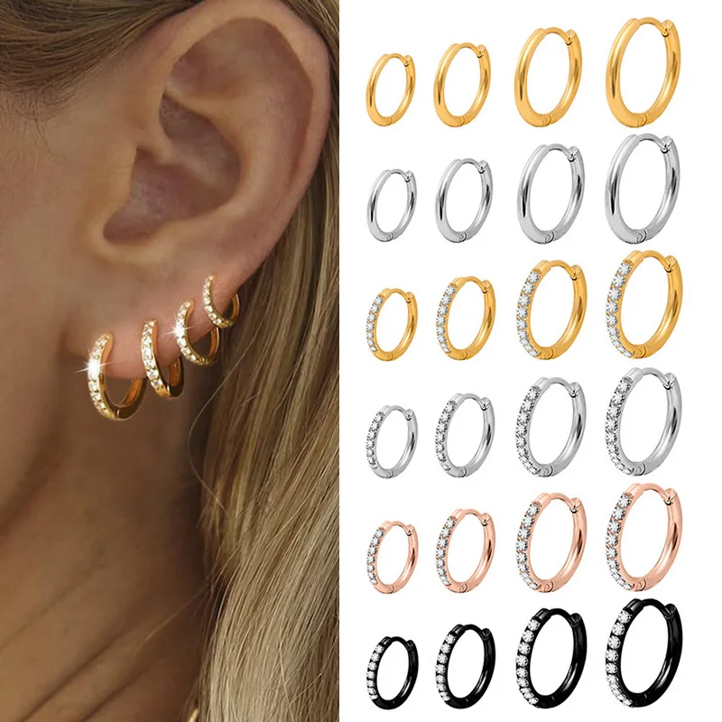 1Pair Stainless Steel Minimal Hoop Earrings Crystal Zirconia Small Huggie Thin Cartilage Earrings Helix Tragus Piercing Jewelry