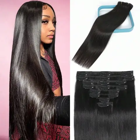 28Inch Stright Clip In Hair Extensions Human Hair 8pcs Straight Hair Silky Black/613 Blonde/Highlight/Ginger/99J/27#