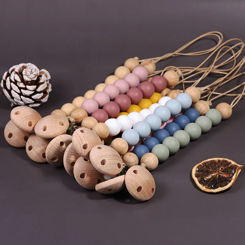 INS Wooden Silicone Baeds Baby Pacifier Chain Clip Anti-fall Pacifier Holder Safe Dummy Nipple Holder Teething Toy for Newborn