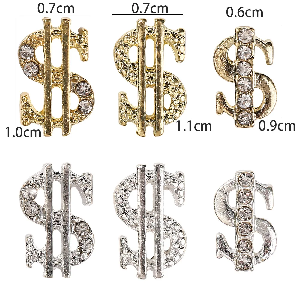 Dijes para uñas con forma de dólar, 5 piezas, circonita, diamantes de imitación, oro, plata, decoración artística de uñas, gemas de diamantes, accesorios de manicura