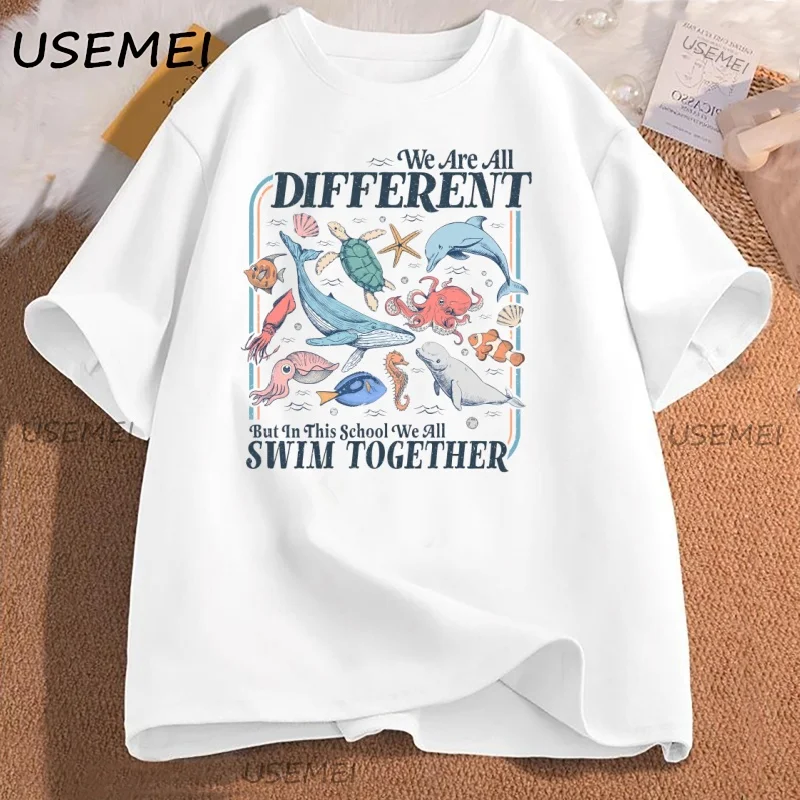 

We Are All Different Swim Together T-Shirt Teacher Back To School Tshirt Inclusive Ocean Animals Tee Loose Soft Cotton T Shirt