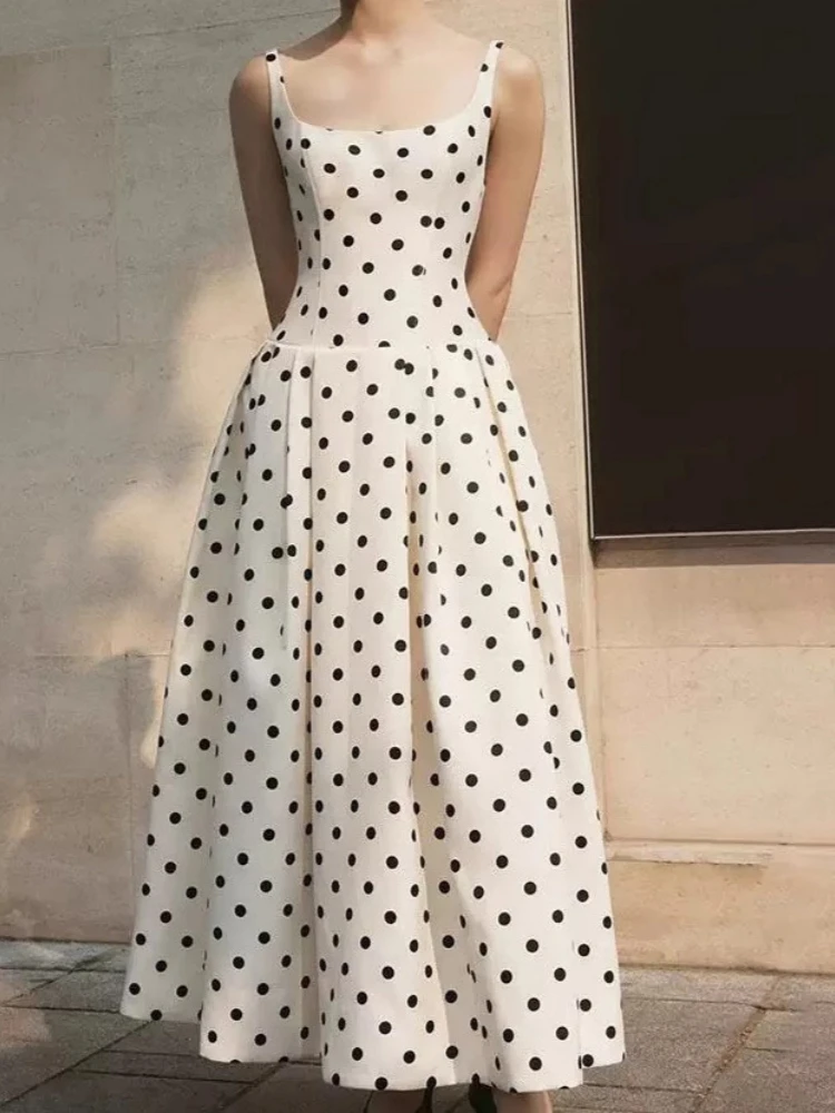 

Sexy Sling Square Neck Polka Dot Long Dress Women Sleeveless High Waist A-line Long Dressess Elegant Evening Party Formal Gowns