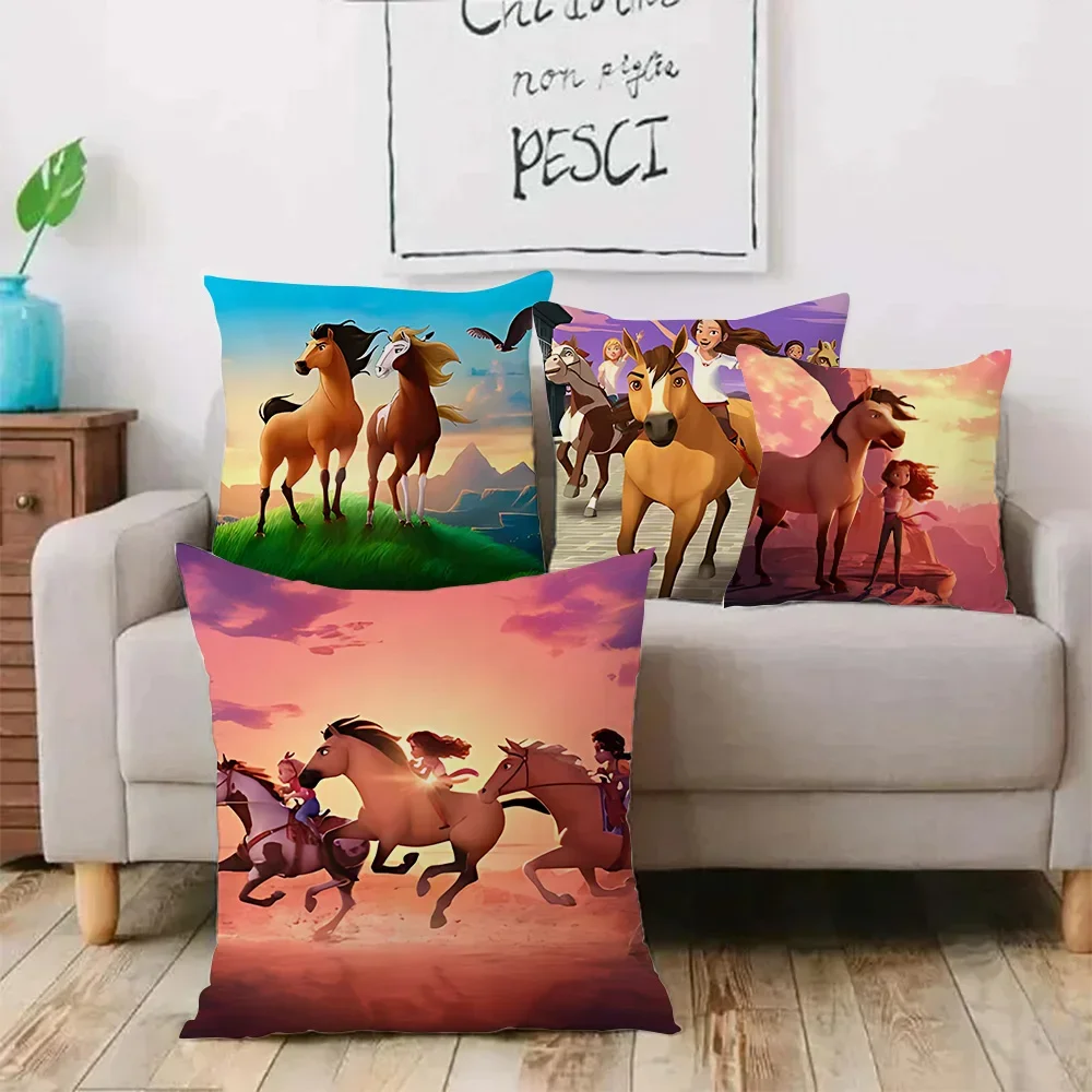 Spirit Riding Free Horses Pillow Covers Cartoon Sofa Decorative Home Double-sided Printing Short Plush Cute Cushion Cover