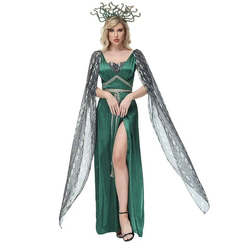 Halloween-Maskerade-Kostüm mit Serpentinenmuster, Schlitzkleid für Frauen, Hexenkleid in Grün, Kopfbedeckung, Umhang, Tüll – Detail 5