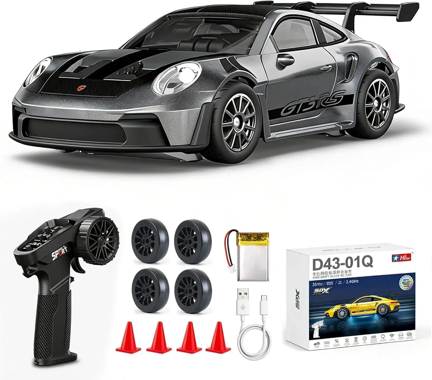 1/43 911 RC Drift Car 4WD with Gyro Full Proportional RTR | Alloy Body, 20KM/H Speed, Extra Drift Tires, Silent Bearings, LED Li