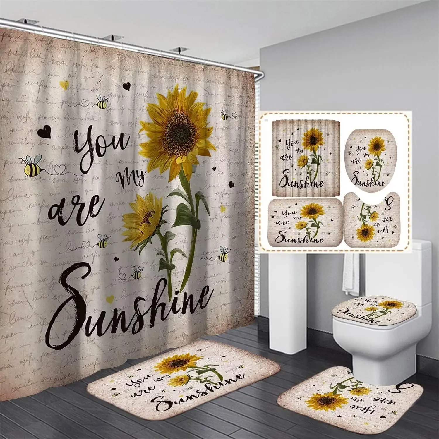 

AZHM 4 шт. Набор занавесок для душа с подсолнухом и ковриками You are My Sunshine Набор декора для ванной комнаты Шторы для ванной комнаты с 12 крючками