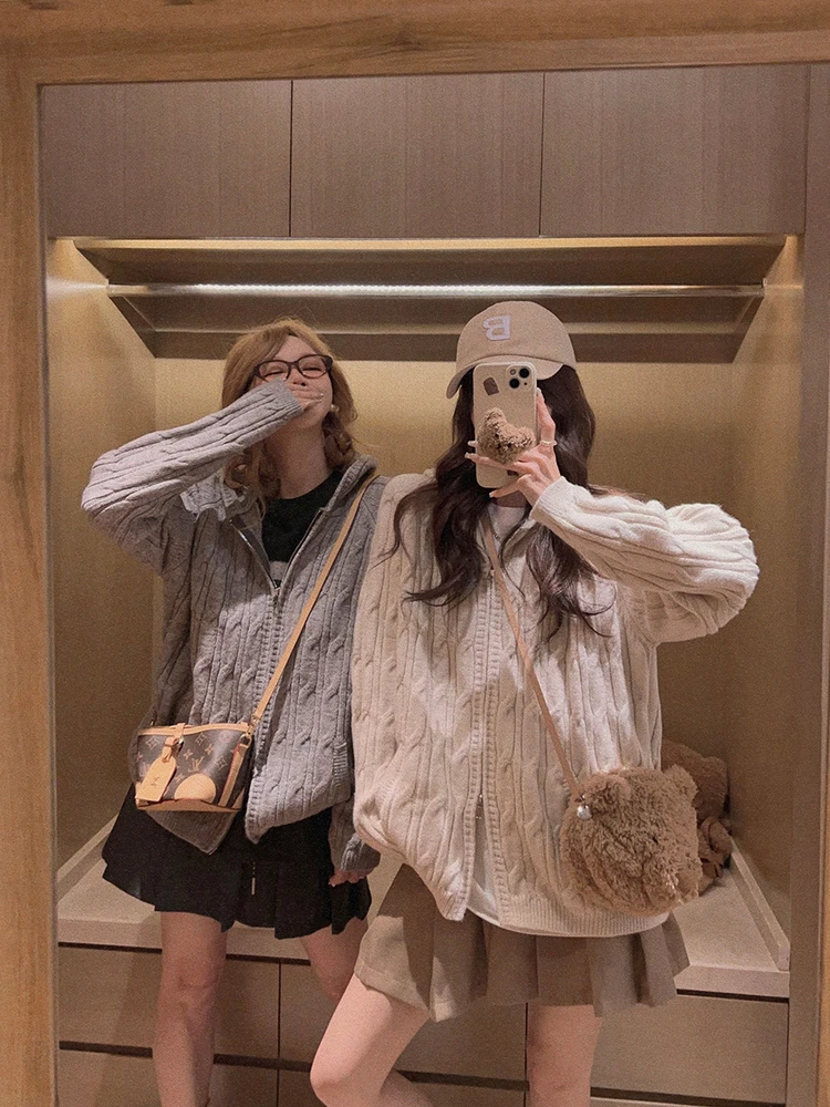 

Женский вязаный кардиган Yukiss из высококачественной шерсти с двойной молнией и капюшоном, свободный крой, длинный рукав, для осени