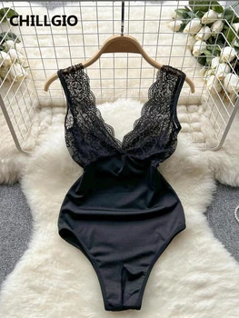 CHILLGIO 여성 섹시한 꽃 레이스 Bodycon Rompers 에로틱 한 친밀한 원피스 패션 레트로 Catsuit 민소매 조합 바디 슈트