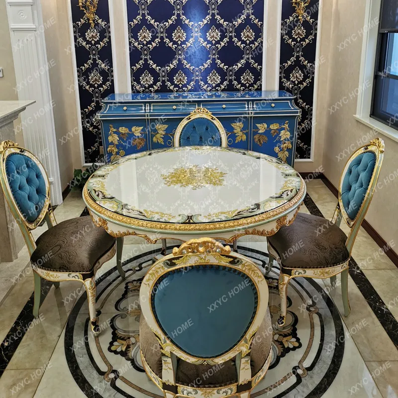 Luxury court style heavy industry engraving and painting gold foil small round center table new Chinese dining table