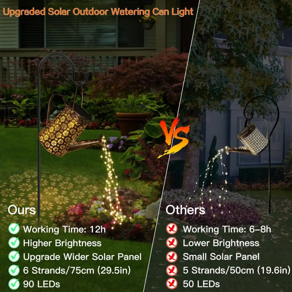Wrought Iron Kettle Shape Lamp Solar Powered Metal Watering Lantern with Led String Lights for Outdoor for Yard for Outdoor
