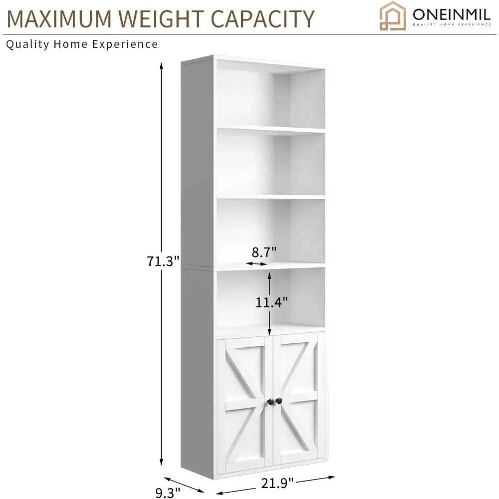 6 Tier Bookshelf and Bookcase, Wooden Bookshelves with Cabinet Doors, Floor Bookshelves and Office Storage Cabinets