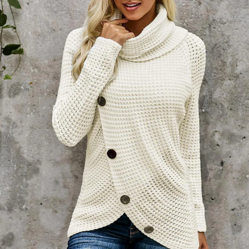 Autumn and Winter Yellow Sweater Pullover Button High Turnover Collar Pullover Solid Color Women\'s Sweater Long Sleeve Knitwear