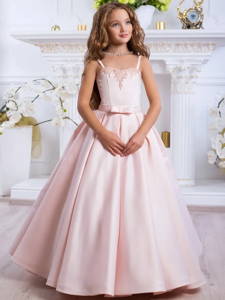 Customized Flower Girl Dress Pink Satin Appliques With Bow Sleeveless  For Wedding Birthday Party Prom Banquet Princess Gown
