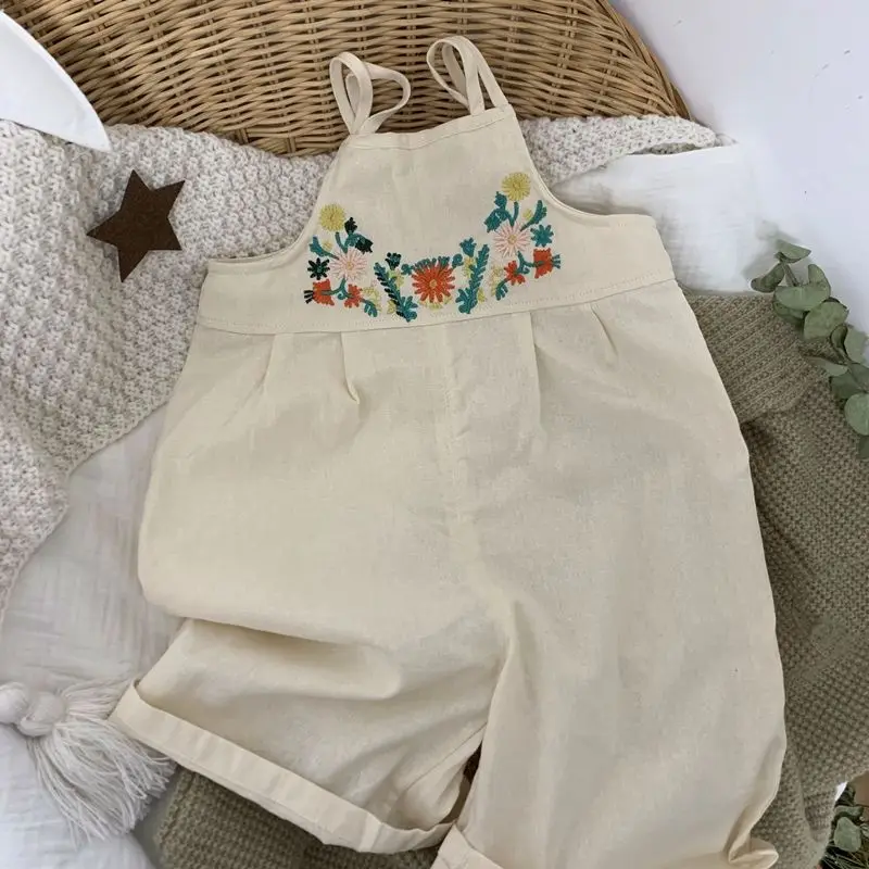 

Летние комбинезоны, брюки, элегантная хлопковая удобная одежда с цветочной вышивкой, детская повседневная одежда, 2025 год, для маленьких девочек