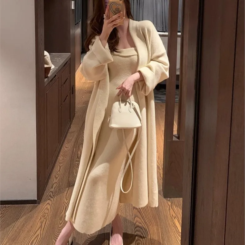 Autumn Winter Warm Knitted 2-piece Dress Set Women Soft Long Cardigan Strapless Bodycon Split Midi Dress Vintage Chic Outfits