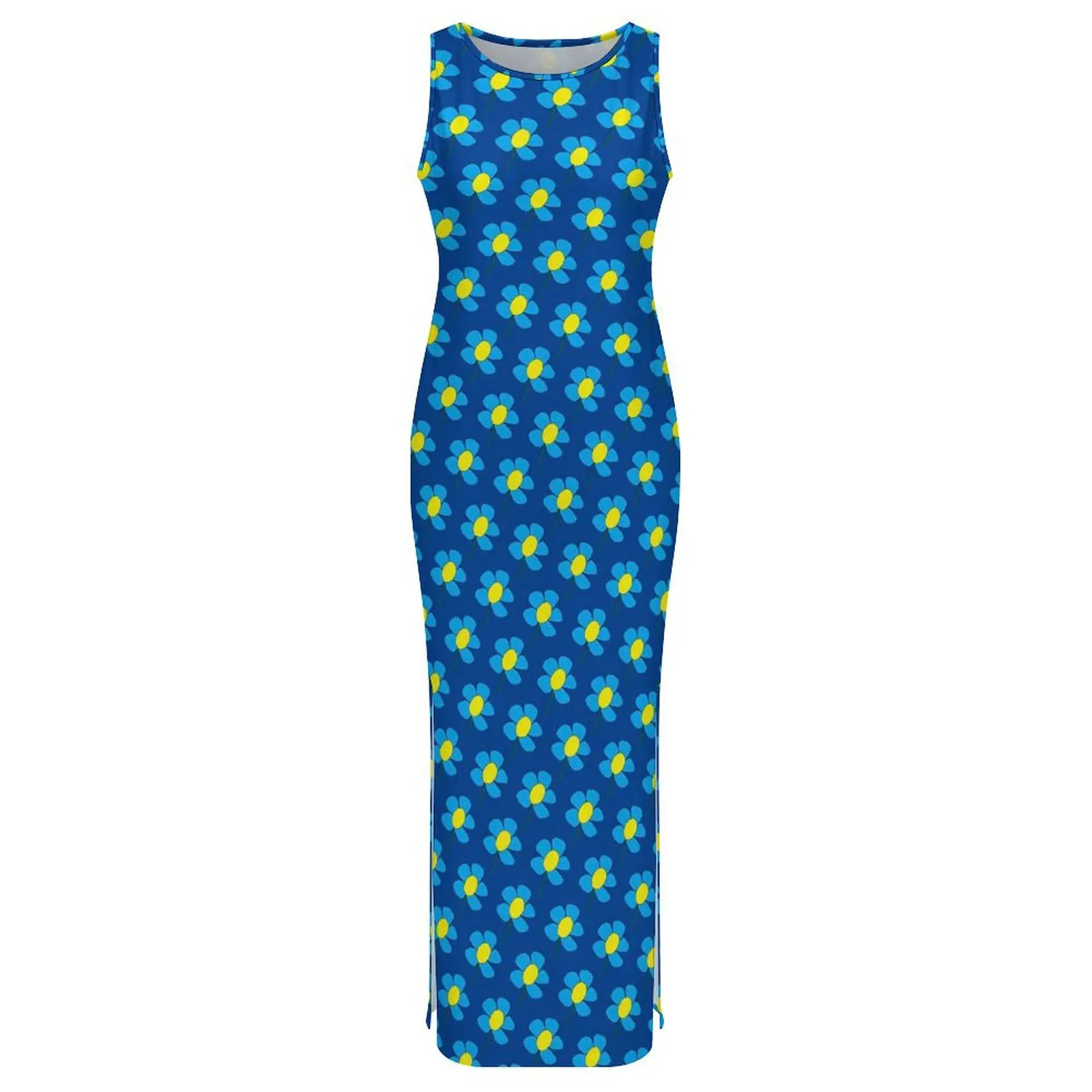 Women Bodycon Dress Night Club Blue And Yellow Daisy Maxi Dresses Spring Vintage Floral Sleeveless Street Style Dress Large Size