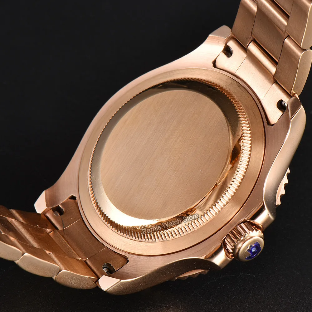 Orologio da uomo con movimento automatico Parnis da 41 mm, disegno personalizzato del drago, lunetta nera, bracciale in acciaio inossidabile in oro rosa