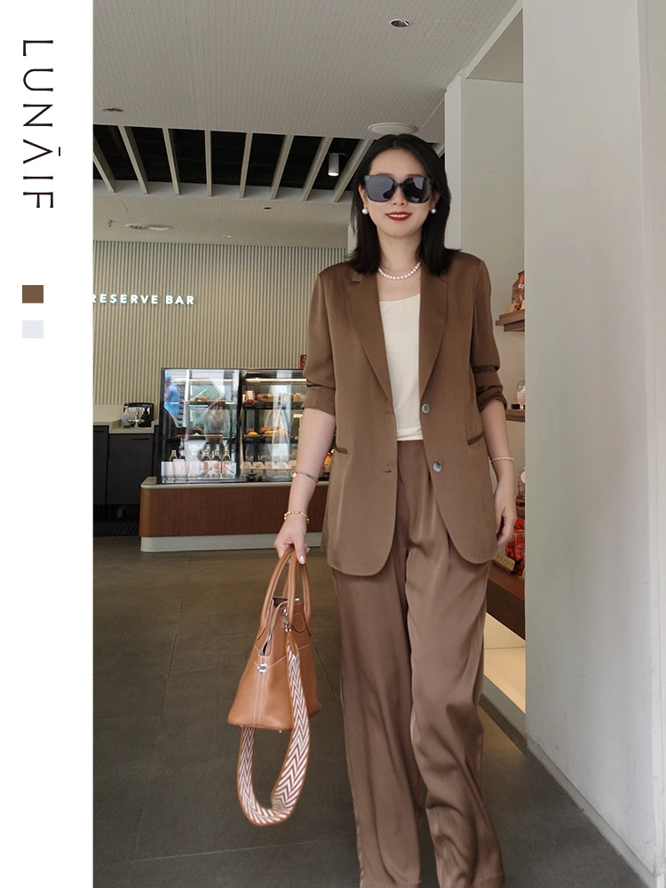 

Костюм LunaIF Classic Rare Slimming Sunscreen Heavyweight Light Sand Wa Elastic Double Jo Silk для повседневной носки, для работы, для собеседований, деловой.