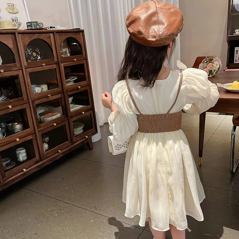 Long Sleeve Chiffon Princess Dress + PU Leather Vest 2Pcs 2024 New Girls Dress Spring And Autumn Fashion 2-12 Years Kids Clothes