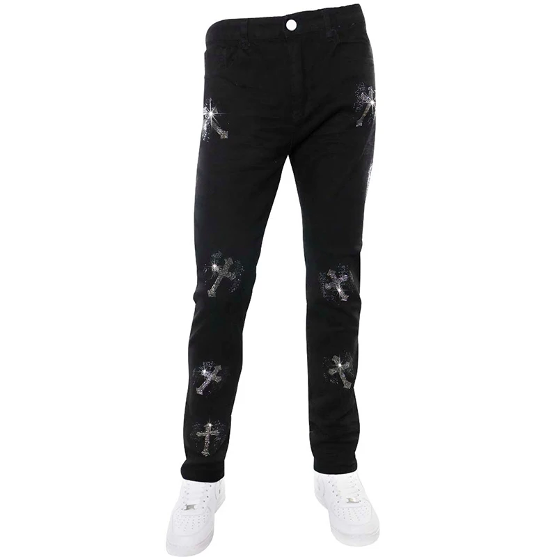 Man Rhinestone Hole Denim Pencil Pants 2023 Men's Stretchy Black Jeans Skinny Slim Fit Hot Drill Punk Streetwear Biker Trousers