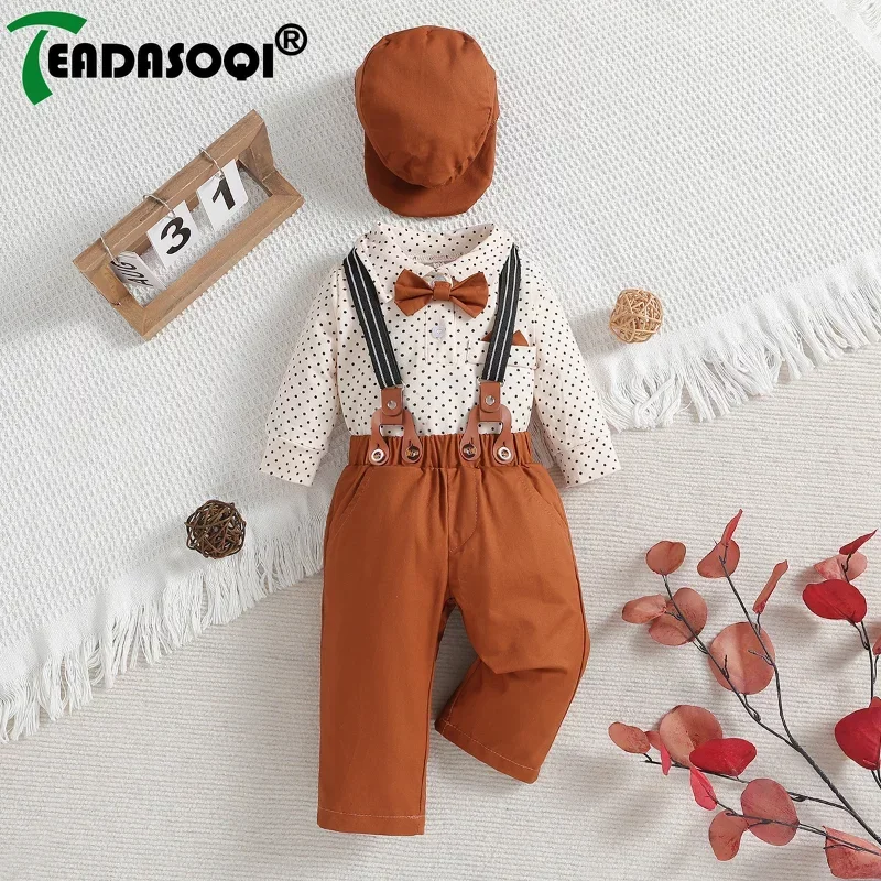 

3M-3Y Baby Boys Gentleman Suit Clothes Romper Pants Set Outfits Wave Point Shirt With Bowtie+Suspender+Shorts+Hat Infant Clothes