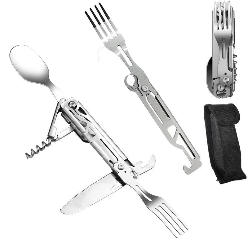 Conjunto de Talheres Portátil em Aço Inoxidável Dobrável, Combo de Faca, Garfo e Colher, Utensílios Leves e Reutilizáveis para Camping, Piquenique e Caminhadas