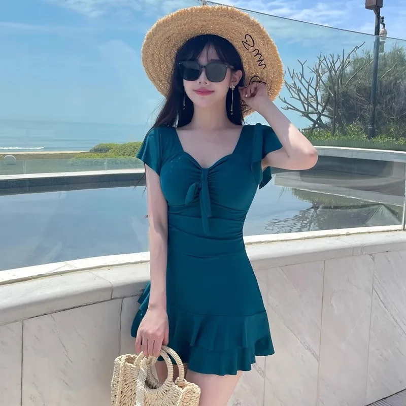 Sweet Ruffle Sleeve One Piece Swimsuit Dress with Bow Front Ruched Waist Flared Skirt Modest Swimwear for Beach Pool Vacation - Image 5