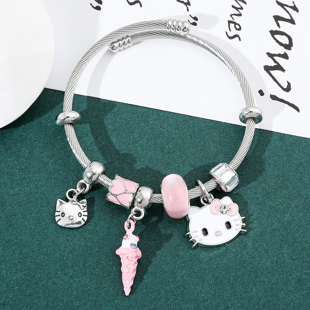 Hello Kitty Enamel Beads Bangle Ice Cream KT Cat  Charm DIY Adjustable Bracelet Fashion Creativity Hand Accessories for Girls