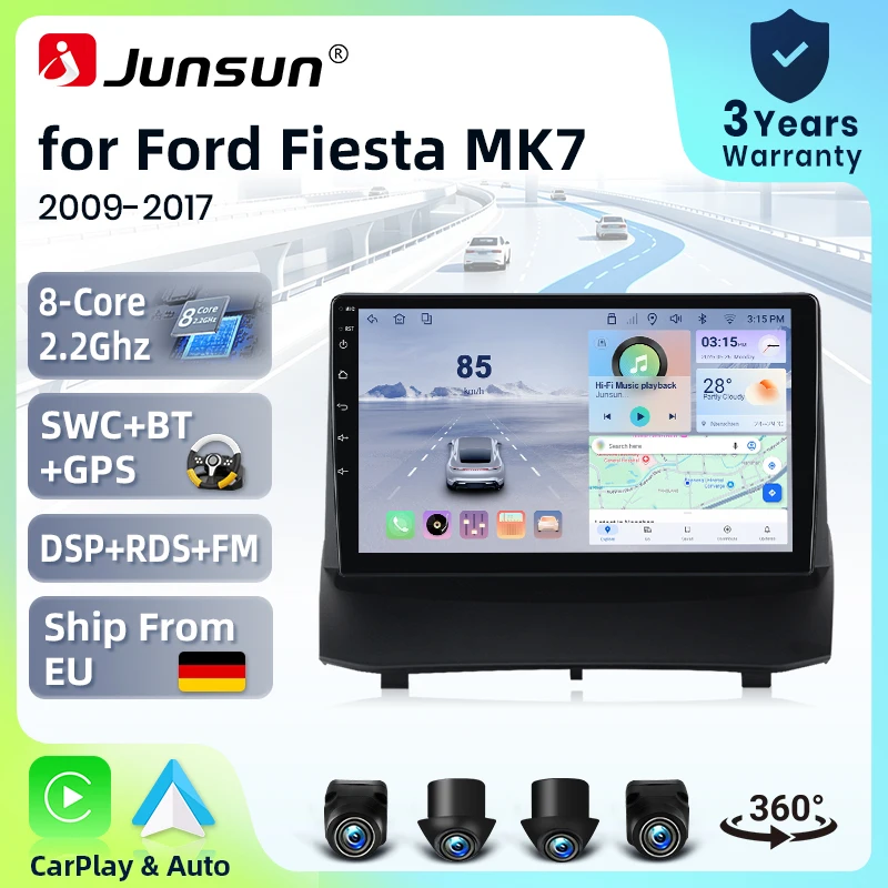 Système intelligent stéréo Android 15 Junsun 9" pour Ford Fiesta MK6 MK7 2009-2013, autoradio avec CarPlay sans fil, commande vocale IA, écran tactile IPS, lecteur multimédia intelligent, unité centrale 2 Din, GPS, Mirror Link, Bluetooth automobile, 4G, FM, DSP, RDS, SWC, DAB+