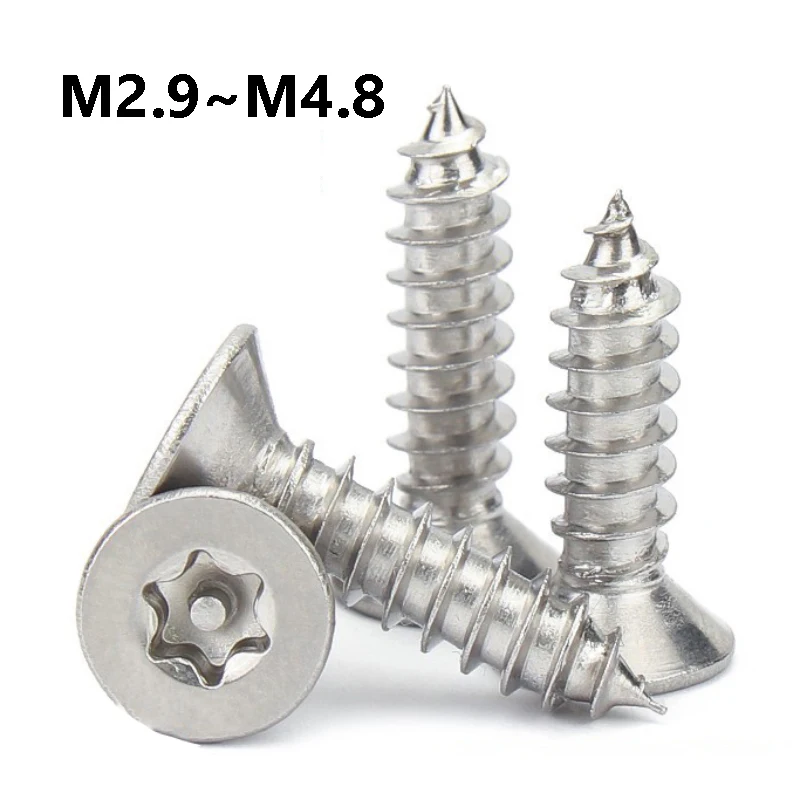 M2.9 M3.5 M3.9 M4.8 Six Lobe Torx Flat Countersunk Wood Screws 304 Stainless Steel Anti Theft Security Self Tapping Screw