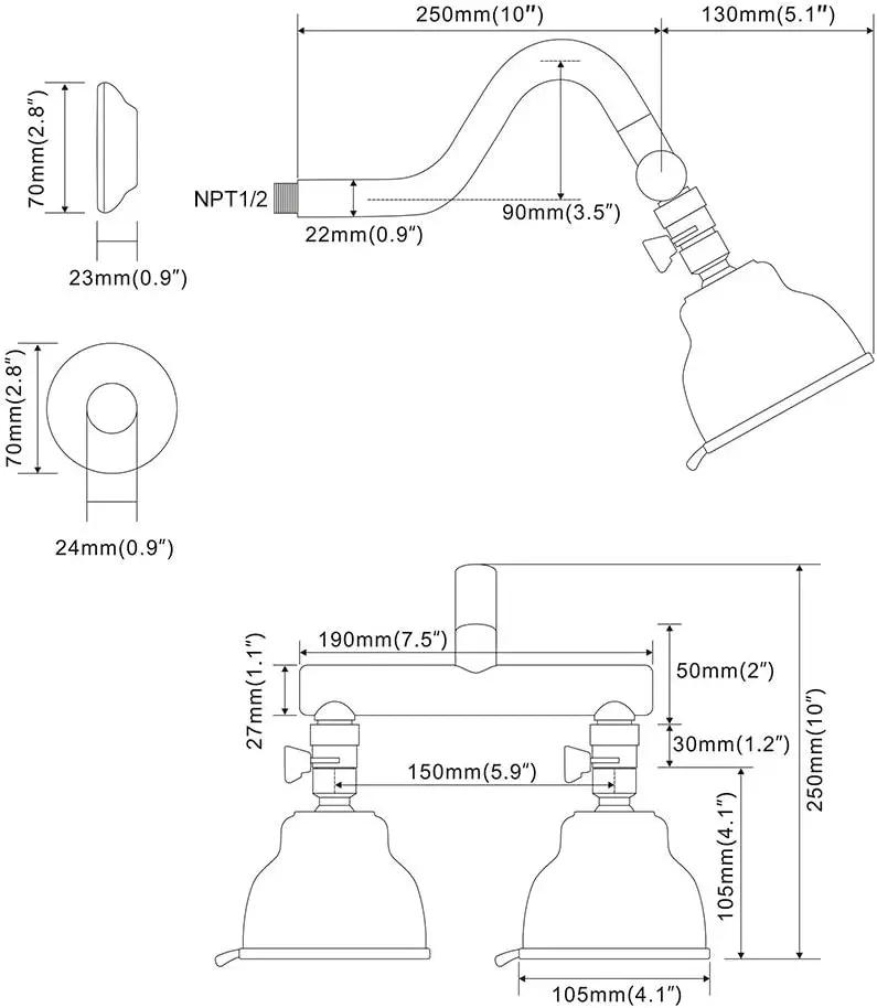 Imagem -03 - Cabeça de Chuveiro Dupla com Manifold Shut-off Válvula Braço de Chuveiro Dual Shower Heads Combo Grupo Chuveiro Pulverizadores Funções Qualidade Superior