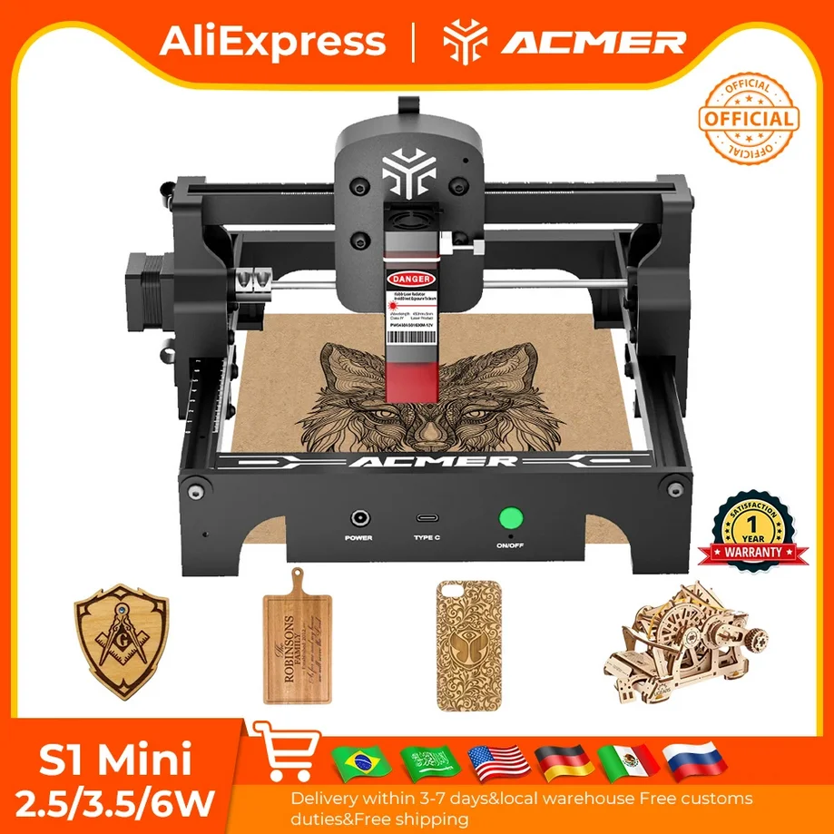 Máquina de Grabado y Corte Láser ACMER Mini 2.5/3.5/6W, Herramientas de Carpintería CNC Portátiles de Alta Precisión para Madera Contrachapada y Acrílico